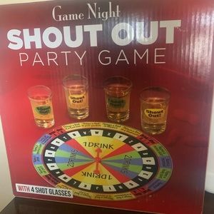 Game Night Shout Out Drinking Game-New, 1 shot glass has printing smear see pics